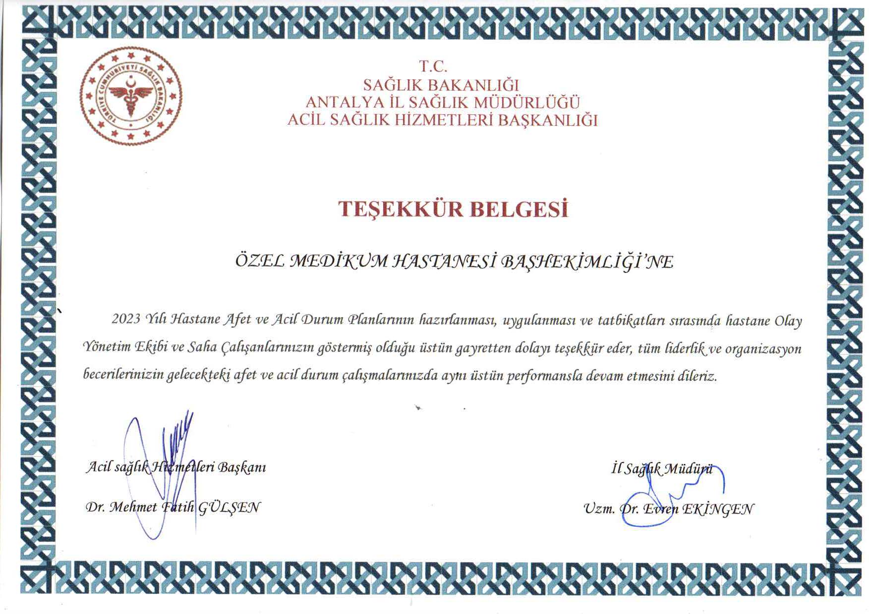 Özel Batı Antalya Hastanesi'ne Anlamlı Teşekkür Belgesi